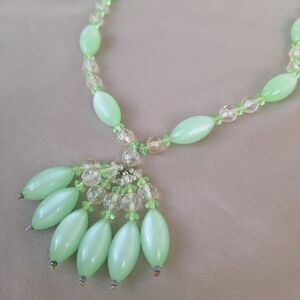 Vintage Tassel Necklace Iridescent Light Green Pastel Beads Dangle 60s Box Clasp